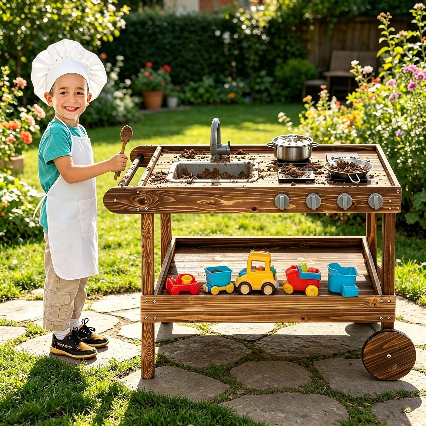 Costzon Cocina de barro, cocina de juego al aire libre con fregader...
