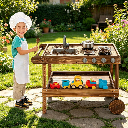 Costzon Cocina de barro, cocina de juego al aire libre con fregader...