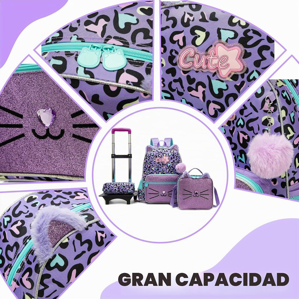 Meetbelify Mochila con ruedas para niñas, con diseño de gato, con r...