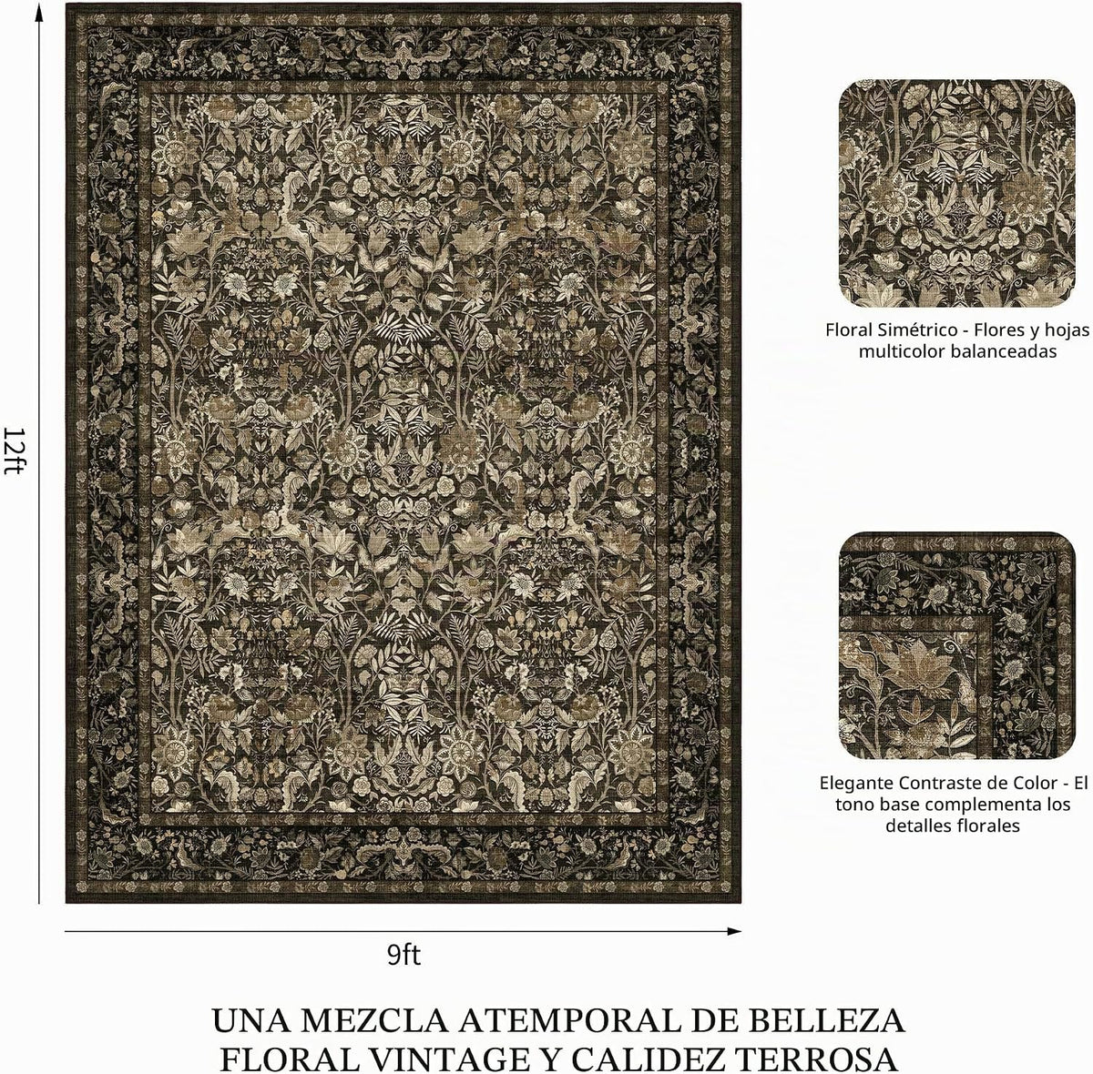 Luxcrest Alfombra marrón de 9 x 12: alfombras lavables florales vin...