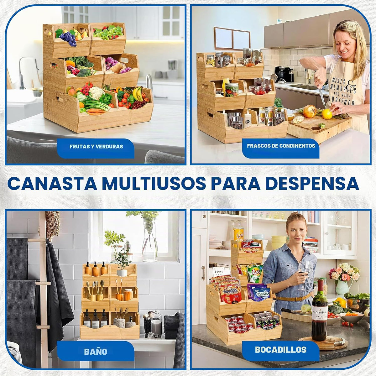 [Actualizado] Contenedores de almacenamiento apilables de bambú de...