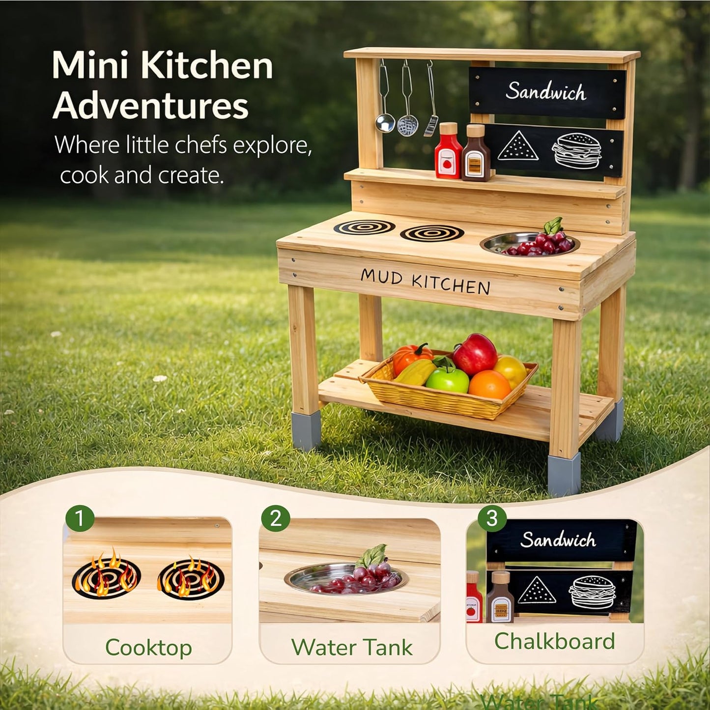 Cocina de barro de madera, cocina de juego al aire libre con fregad...