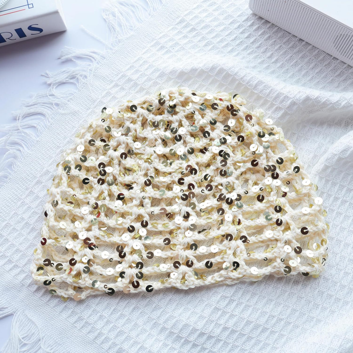 HENWASAI Gorro de ganchillo brillante para mujer con ribete de perl...
