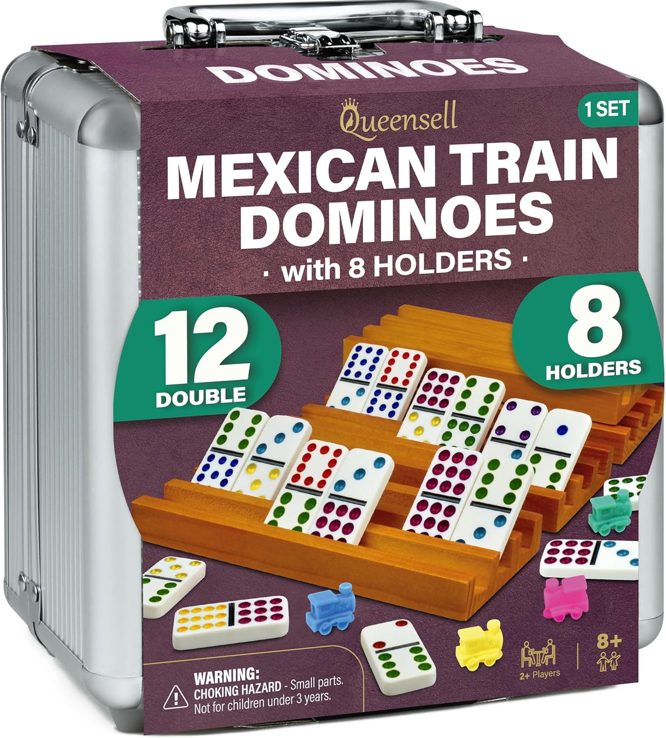 Queensell Juego de dominó de tren mexicano con 8 soportes, cubo de...