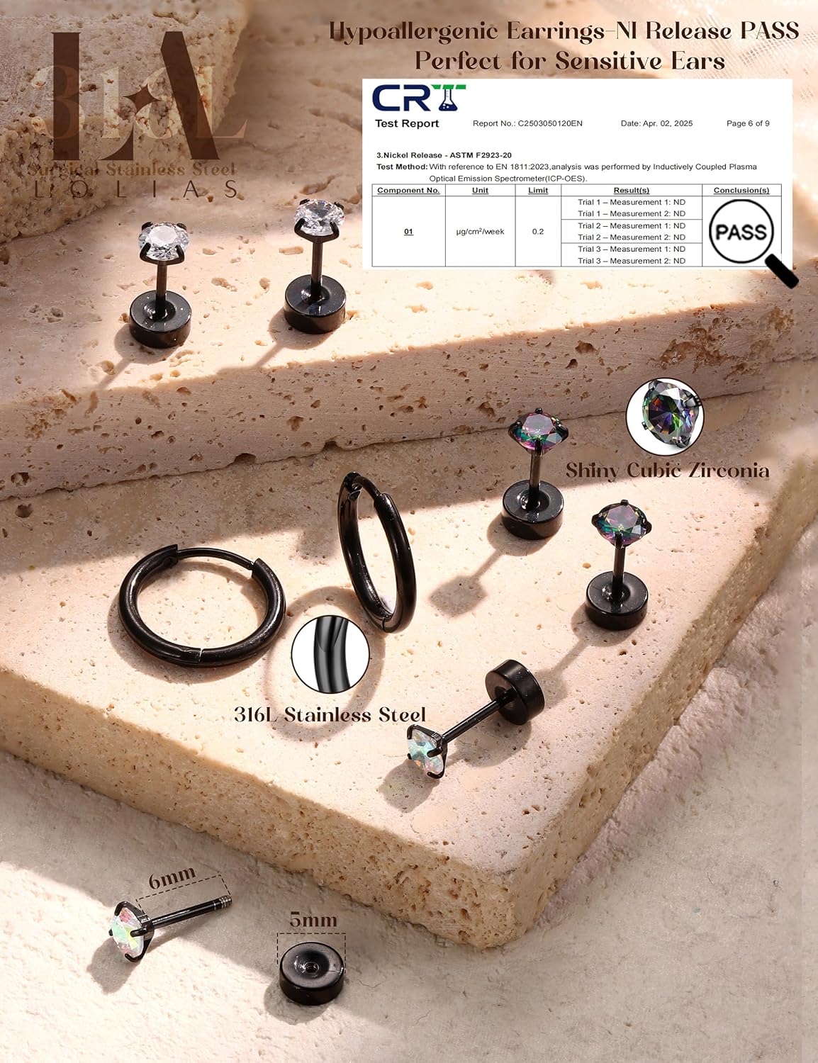 LOLIAS Aretes hipoalergénicos de espalda plana para mujer - Aretes...