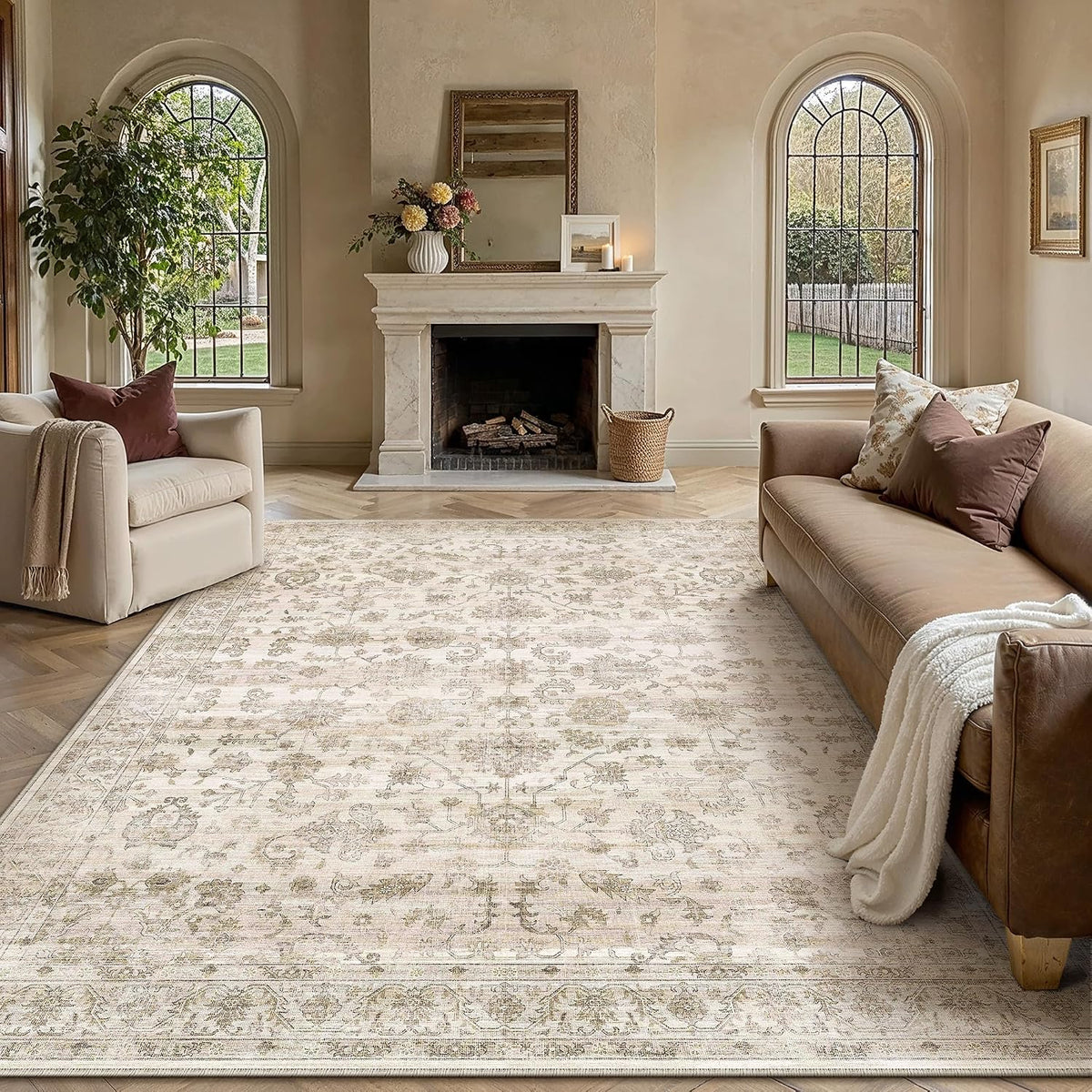 Berthmeer Alfombra beige de 9 x 12, lavable, estilo granja vintage...