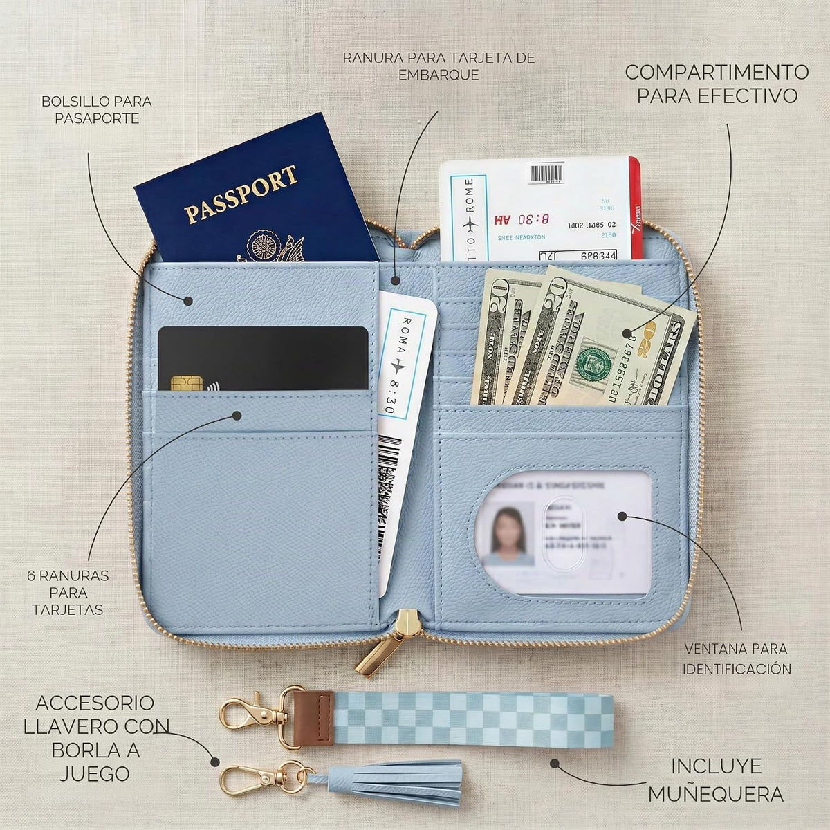 Hermoso soporte para pasaporte y cartera de viaje con correa de muñ...