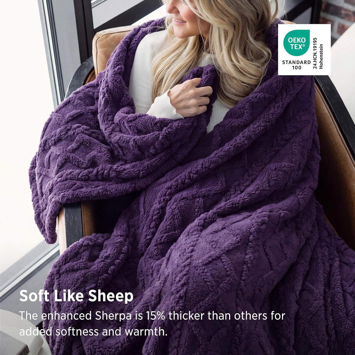Bedsure Manta de forro polar sherpa, jacquard de cable, cálida, mor...