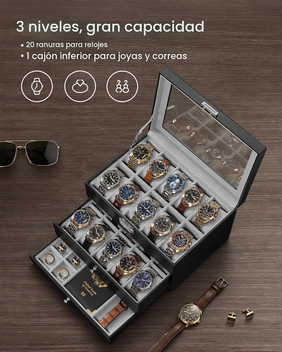 SONGMICS Caja de reloj, organizador de 20 ranuras para reloj con ta...