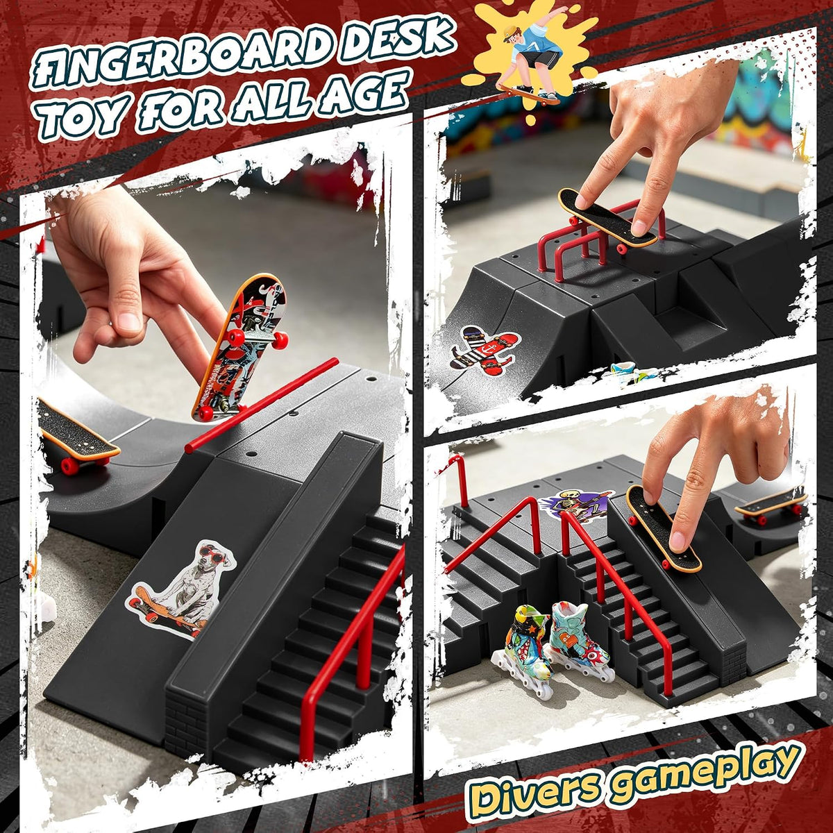 RNGODO Kit de parque de patinetas para niños, 14 en 1, mini rampa d...