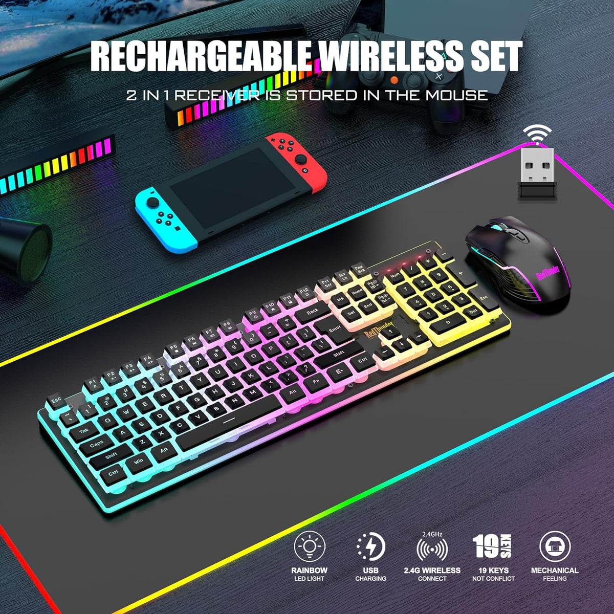 RedThunder K10 - Combo de teclado y ratón inalámbricos para juegos,...