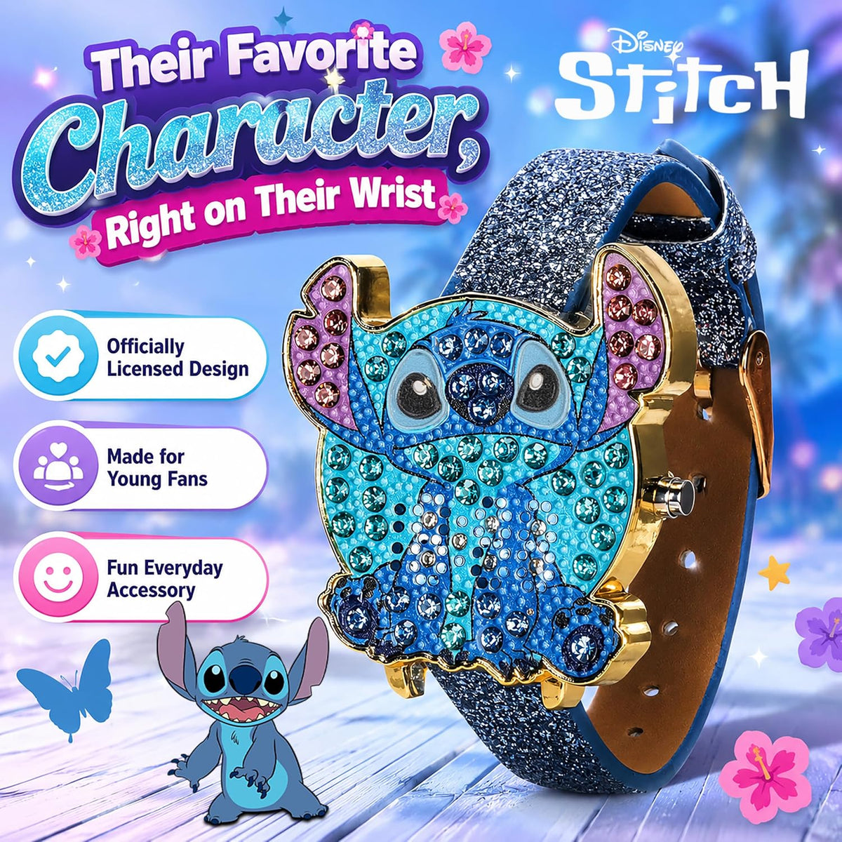 Disney Stitch - Reloj LED para niñas con esfera de cristal y correa...