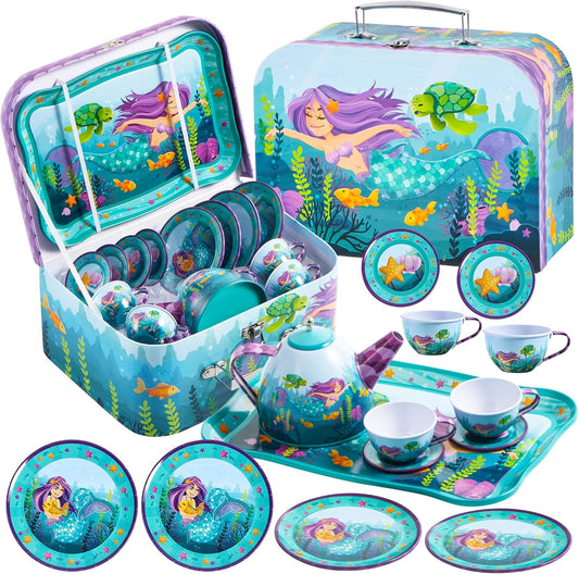 JOYIN Juego de fiesta de té de sirena para niñas pequeñas, juego de...