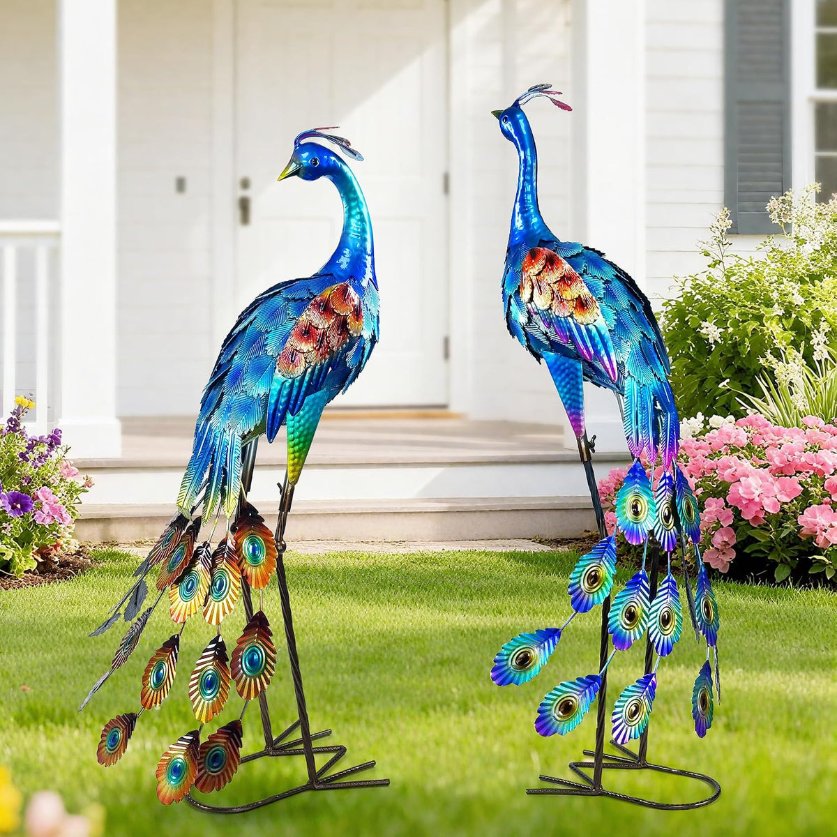 Juego de 2 estatuas de jardín grandes, esculturas de pavo real de m...