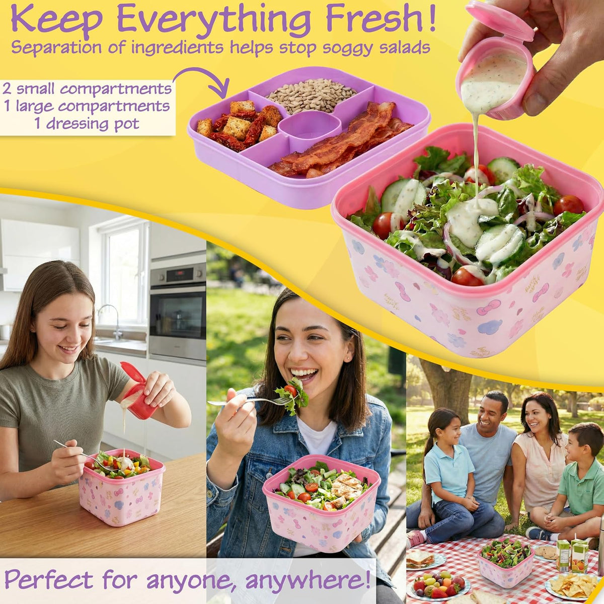 Hello Kitty Sanrio - Contenedor de ensalada Bento para niños, lonch...