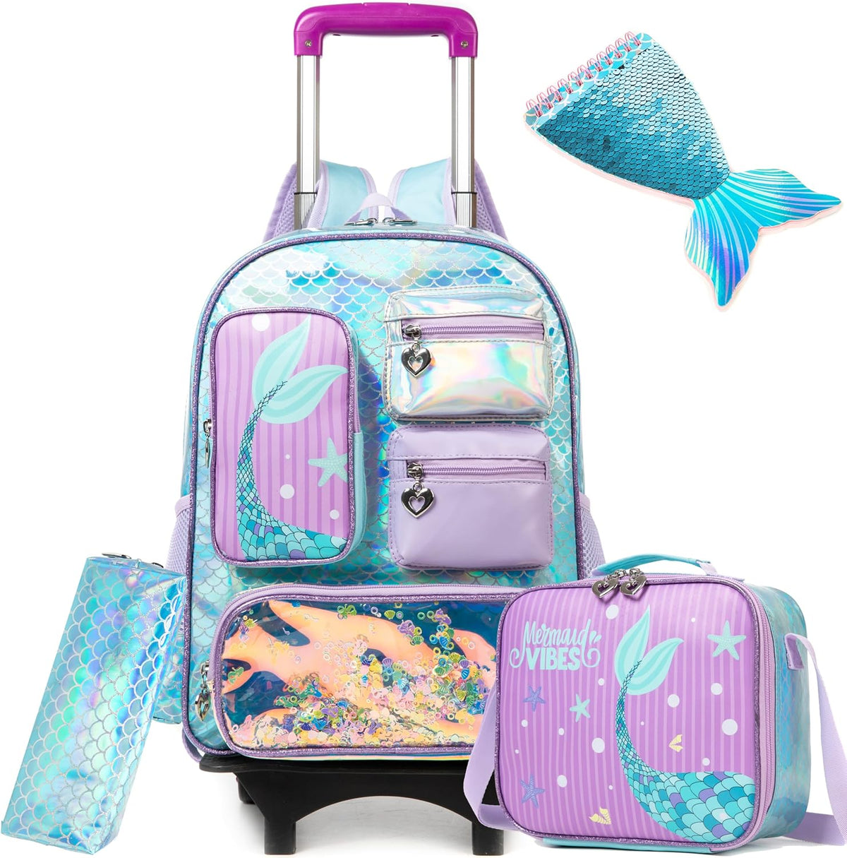 Meetbelify Mochila con ruedas de sirena para niñas, mochila con rue...