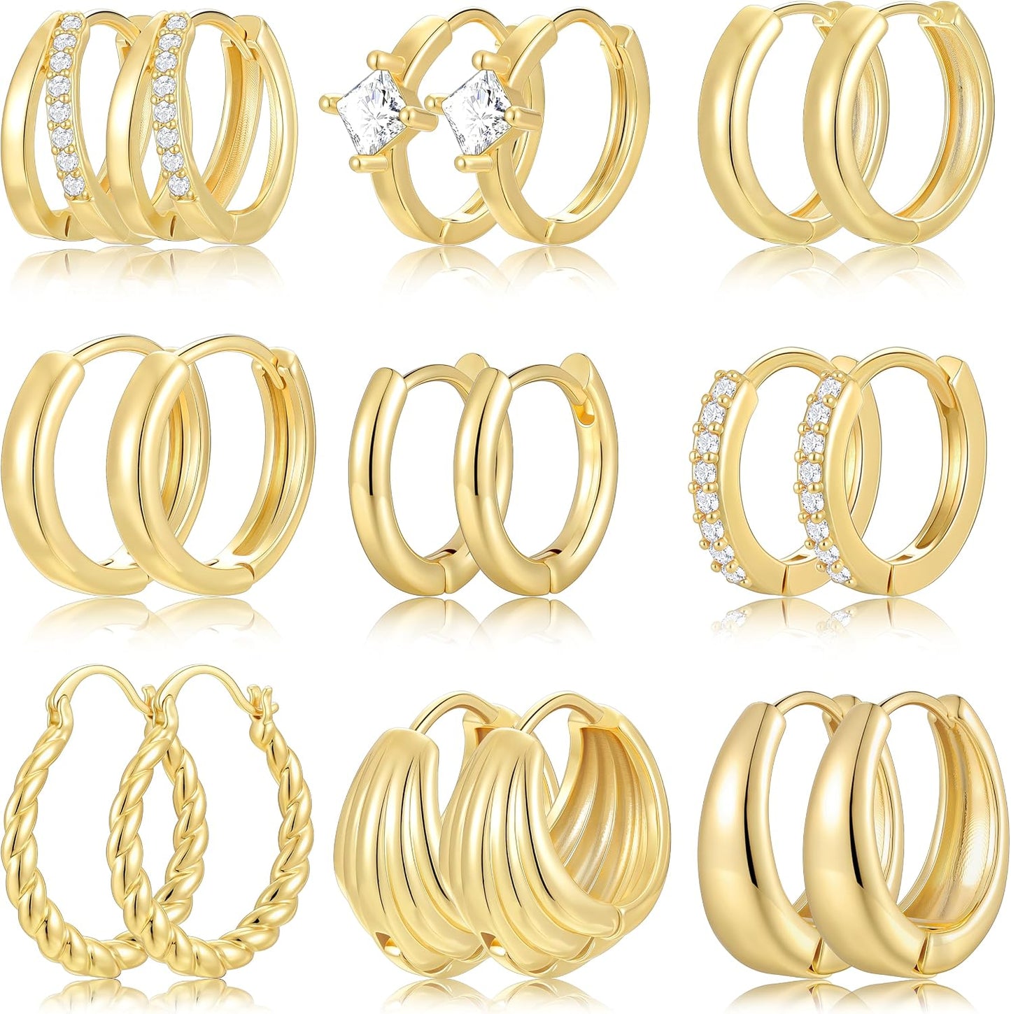Juego de 9 pares de aretes pequeños tipo aro huggie de oro\/plata p...