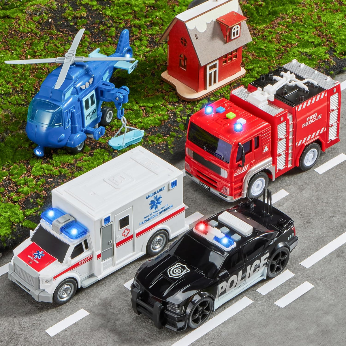 JOYIN Juego de 4 piezas de vehículos de emergencia, vehículos accio...