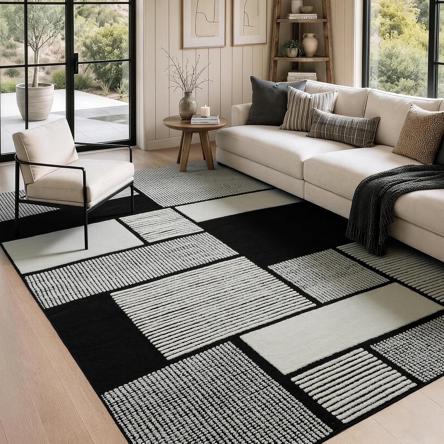 YIHOUSE Alfombra de área blanca y negra de 6 x 9, alfombra lavable...