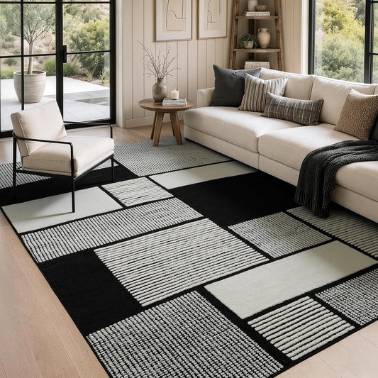 YIHOUSE Alfombra de área blanca y negra de 6 x 9, alfombra lavable...