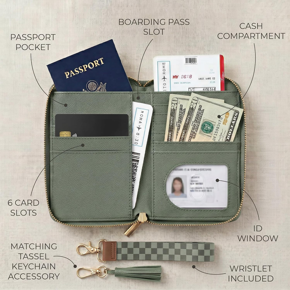 Hermoso soporte para pasaporte y cartera de viaje con correa de muñ...