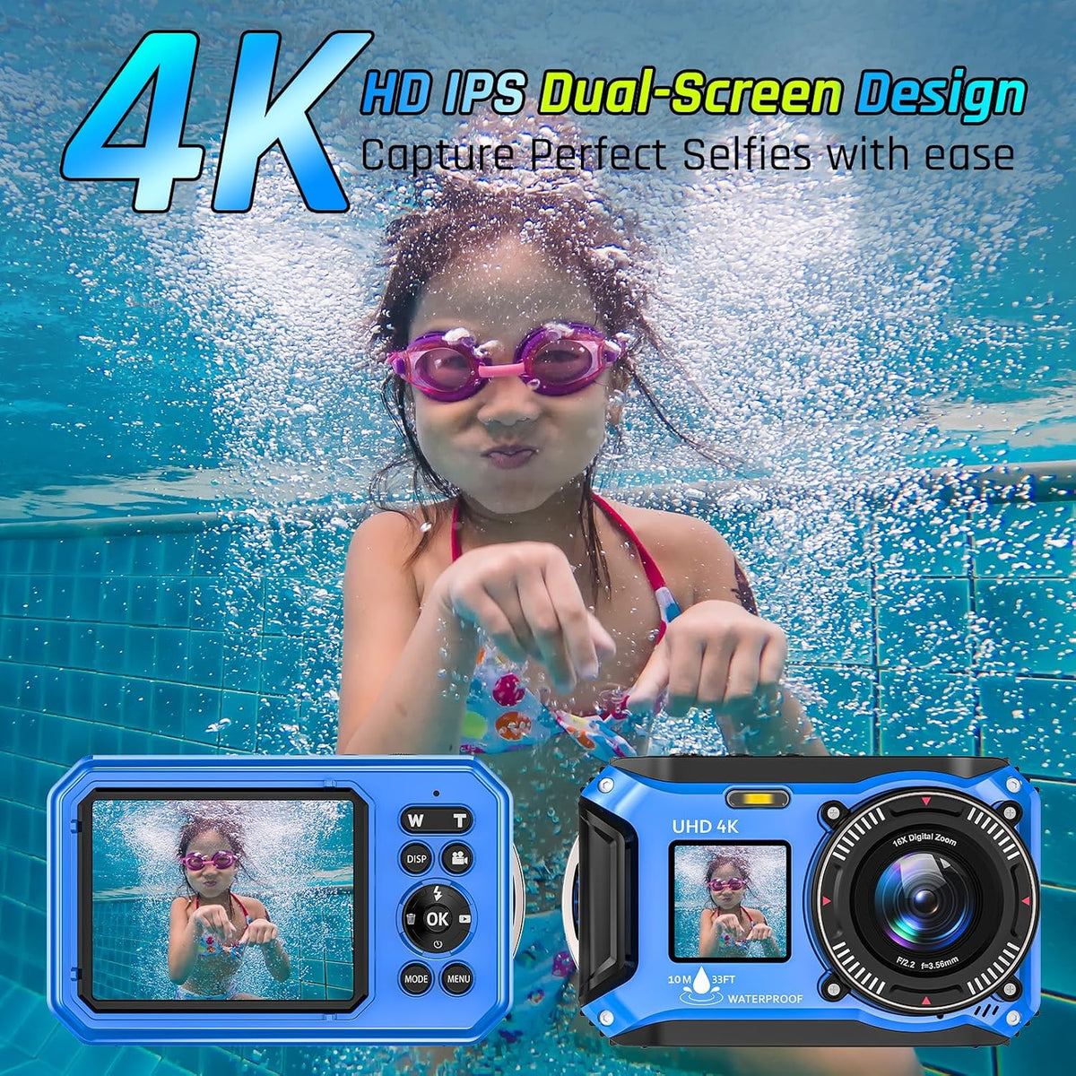 Cámara subacuática 4K 64MP 33FT Cámara impermeable con tarjeta de 3...