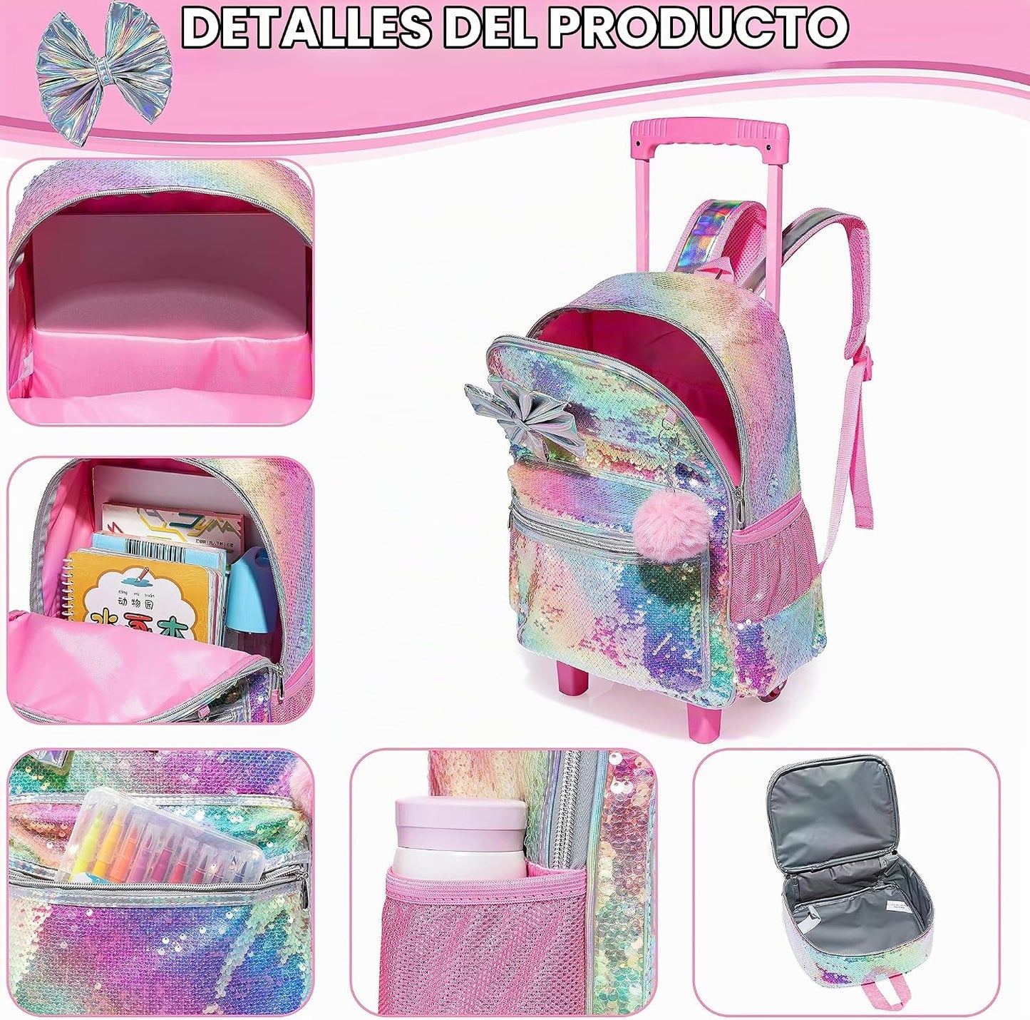 Mochila con ruedas con lazo para niñas, mochilas enrollables con ru...