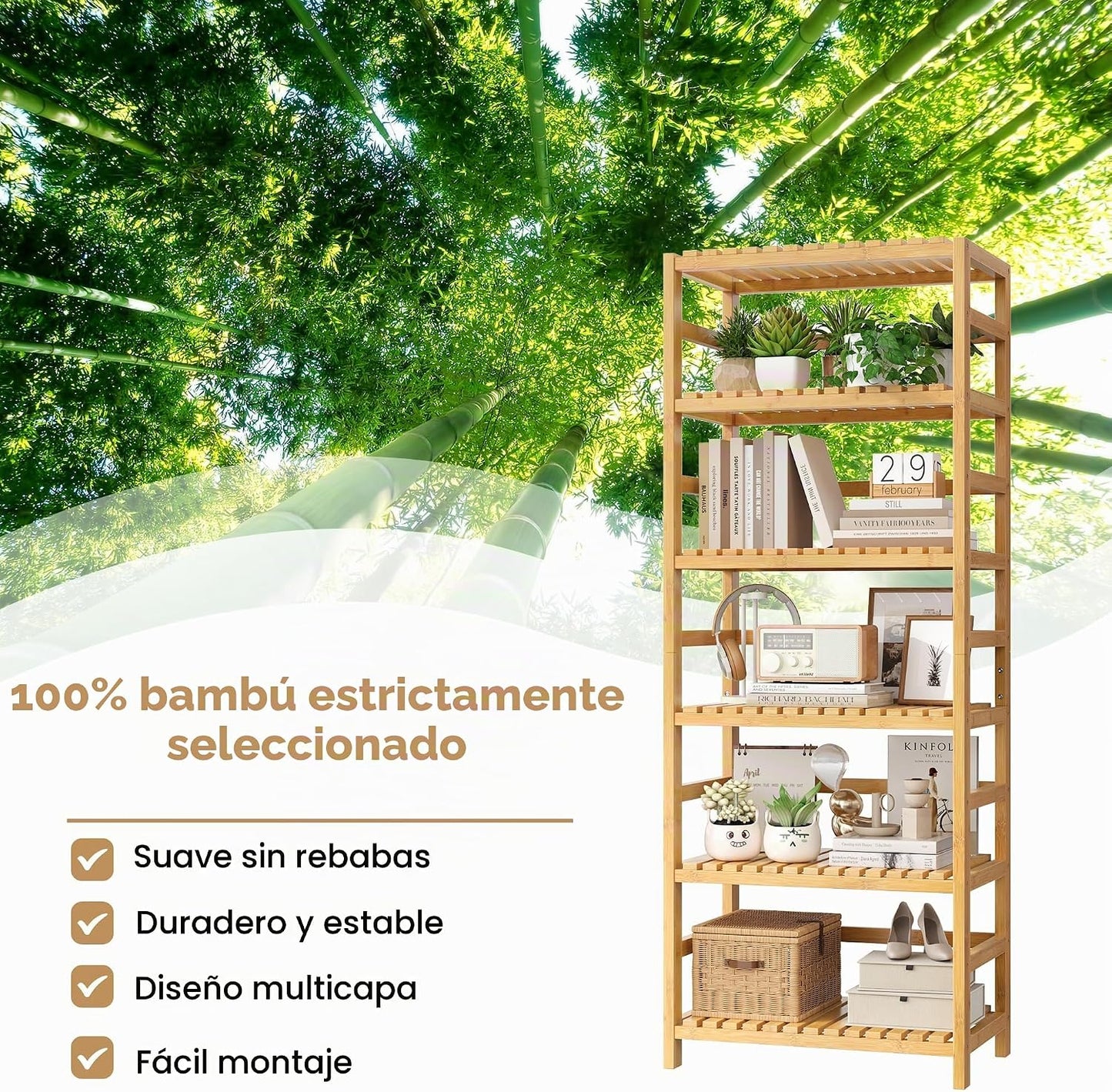 FOTOSOK - Juego de 2 estanterías de bambú de 6 niveles, estantería...