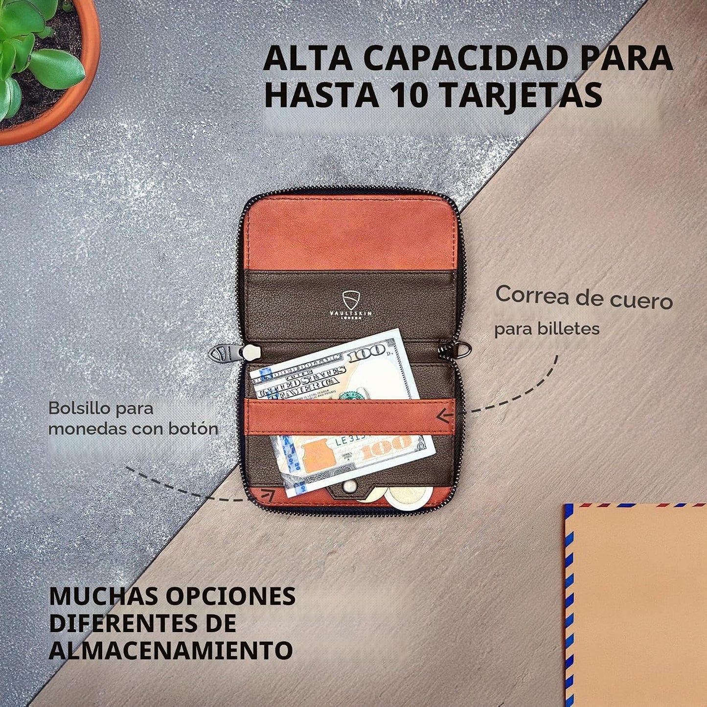 Vaultskin - Cartera de cuero con cierre de cremallera, minimalista...