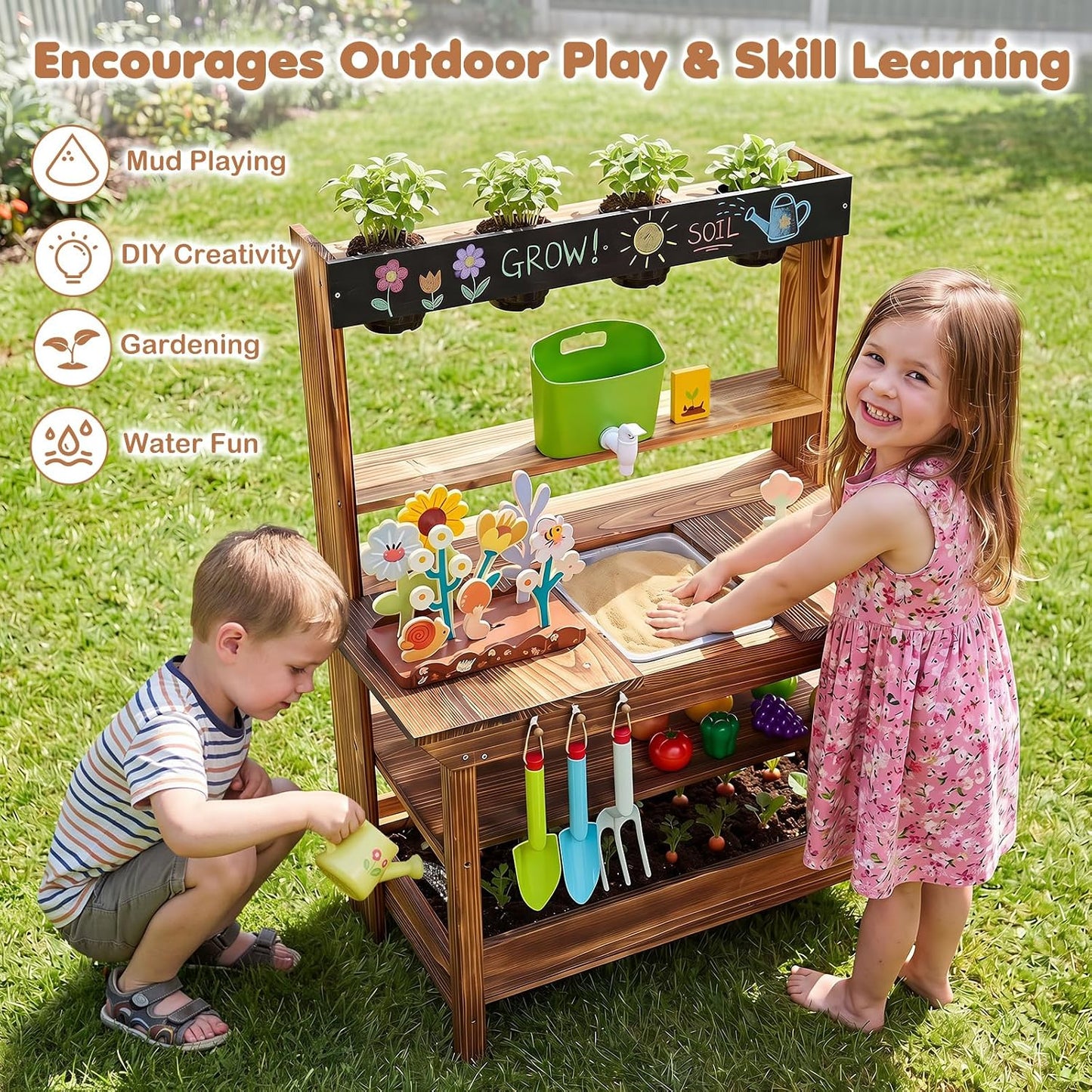 Costzon Cocina de barro al aire libre para niños, banco de madera p...