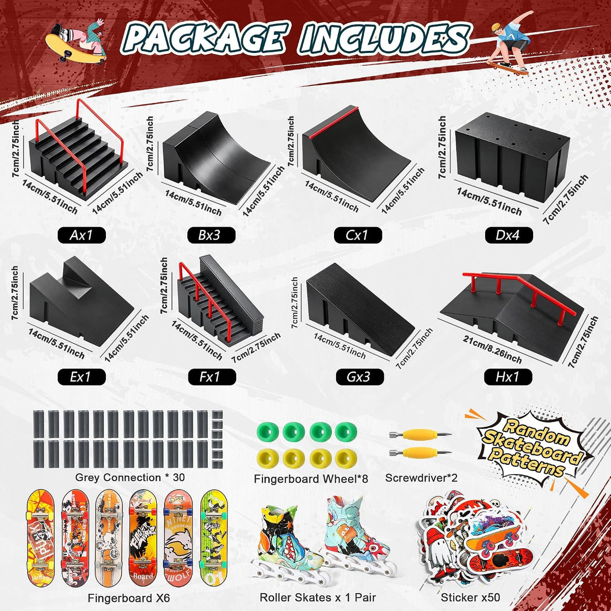 RNGODO Kit de parque de patinetas para niños, 14 en 1, mini rampa d...