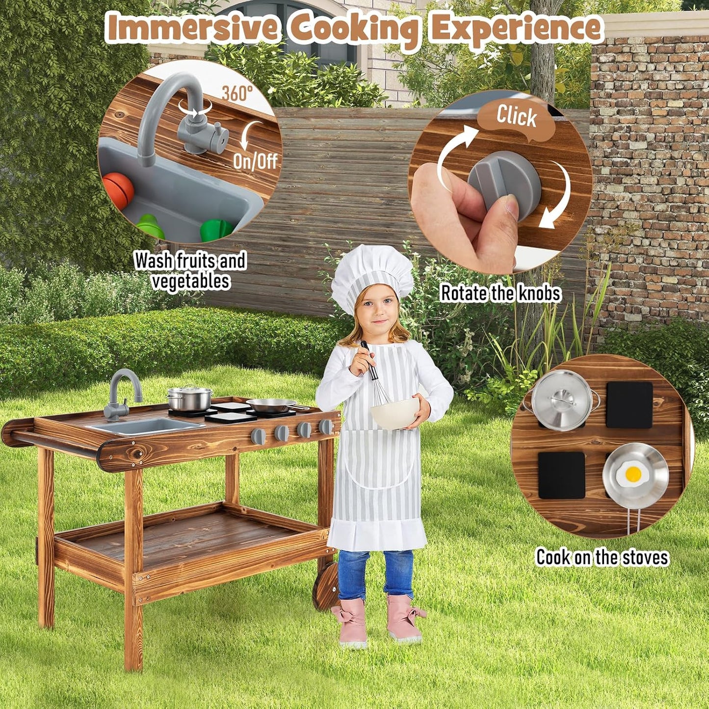 Costzon Cocina de barro, cocina de juego al aire libre con fregader...