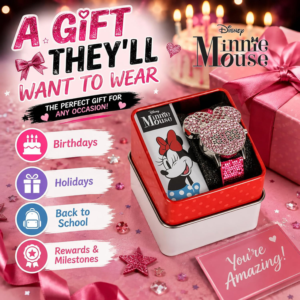 Disney Minnie Mouse - Reloj LED para niñas con esfera de cristal y...