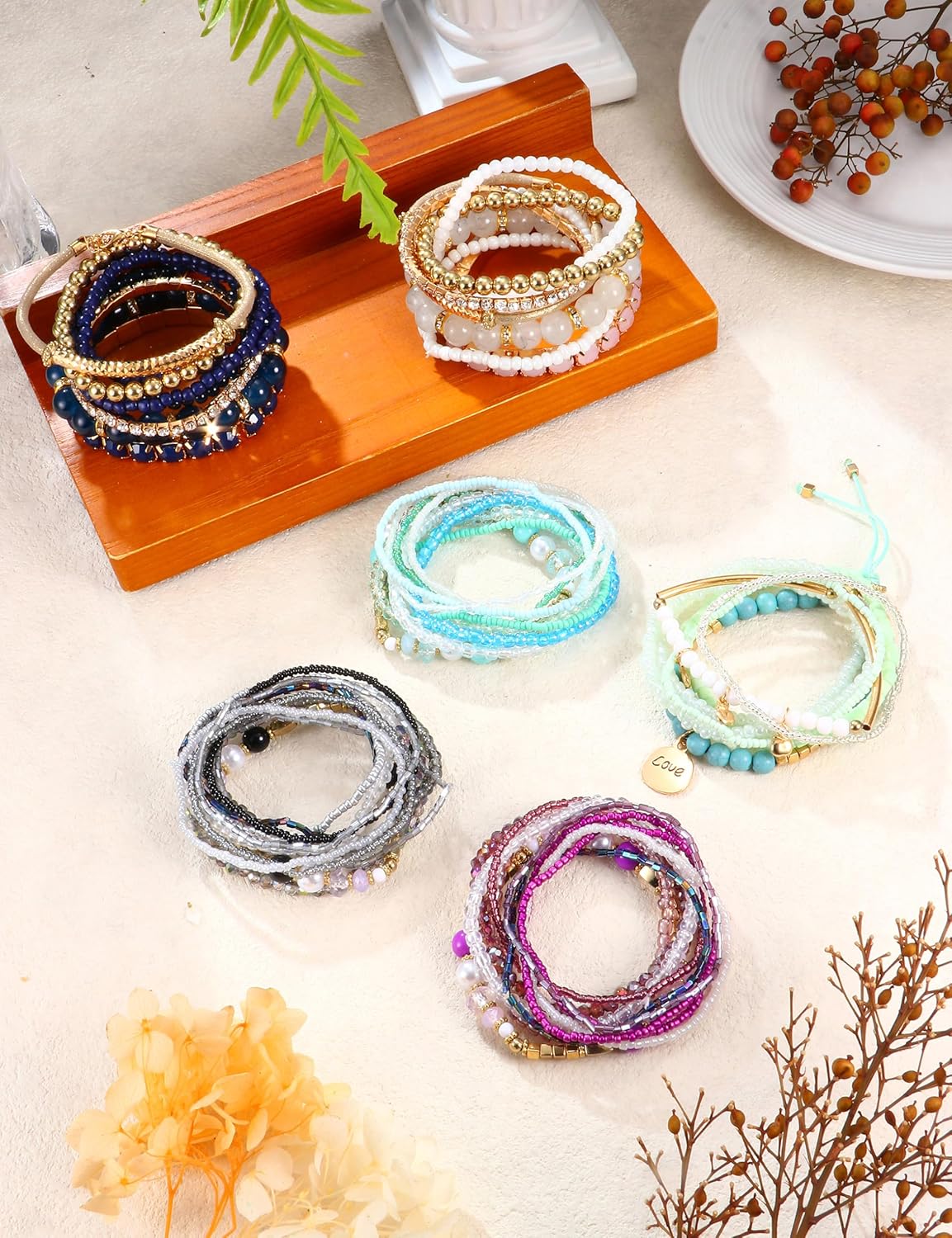 LOYALLOOK Juego de 6 pulseras de cuentas apilables bohemias para mu...