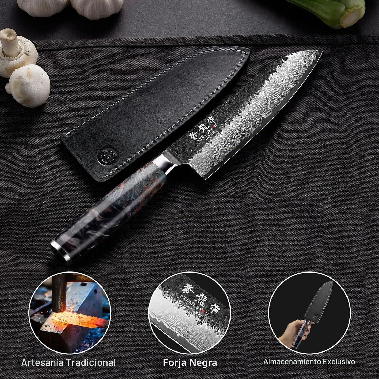 Cuchillo japonés Santoku de 7 pulgadas, núcleo de acero de Damasco...
