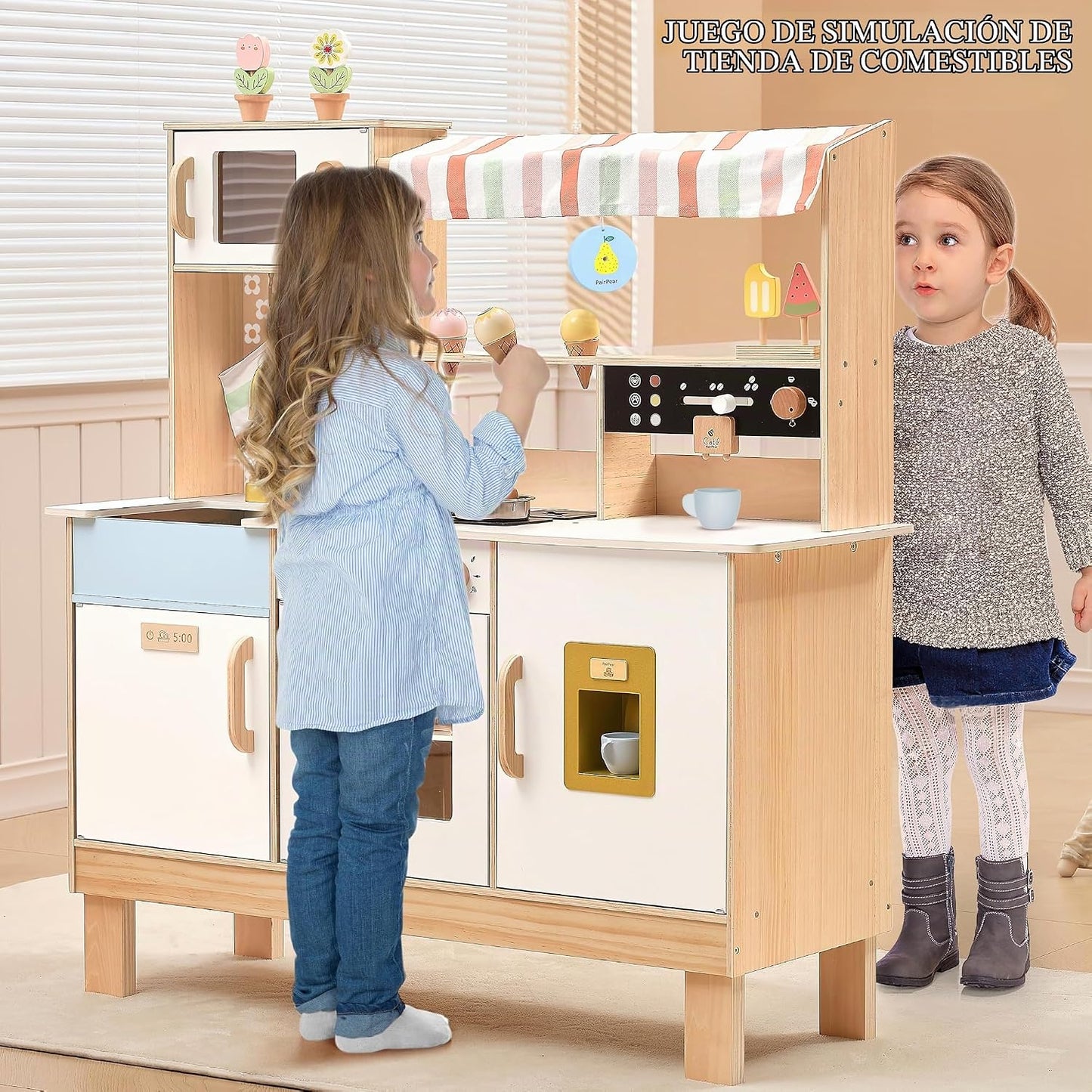 PairPear Juego de cocina grande de madera para niños de 3 a 6 años,...