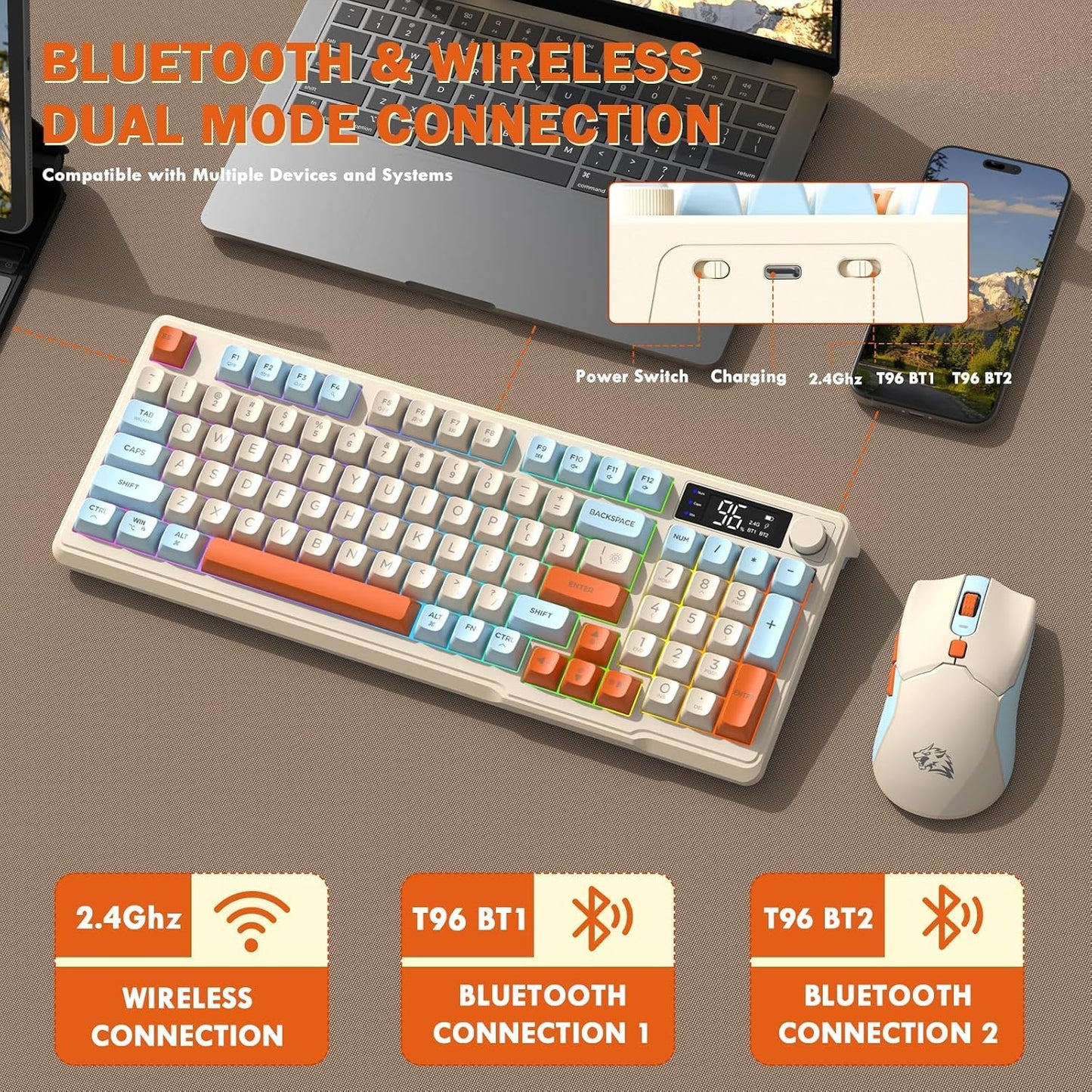 ZIYOU LANG T96 Combo de teclado y mouse inalámbricos para juegos, d...