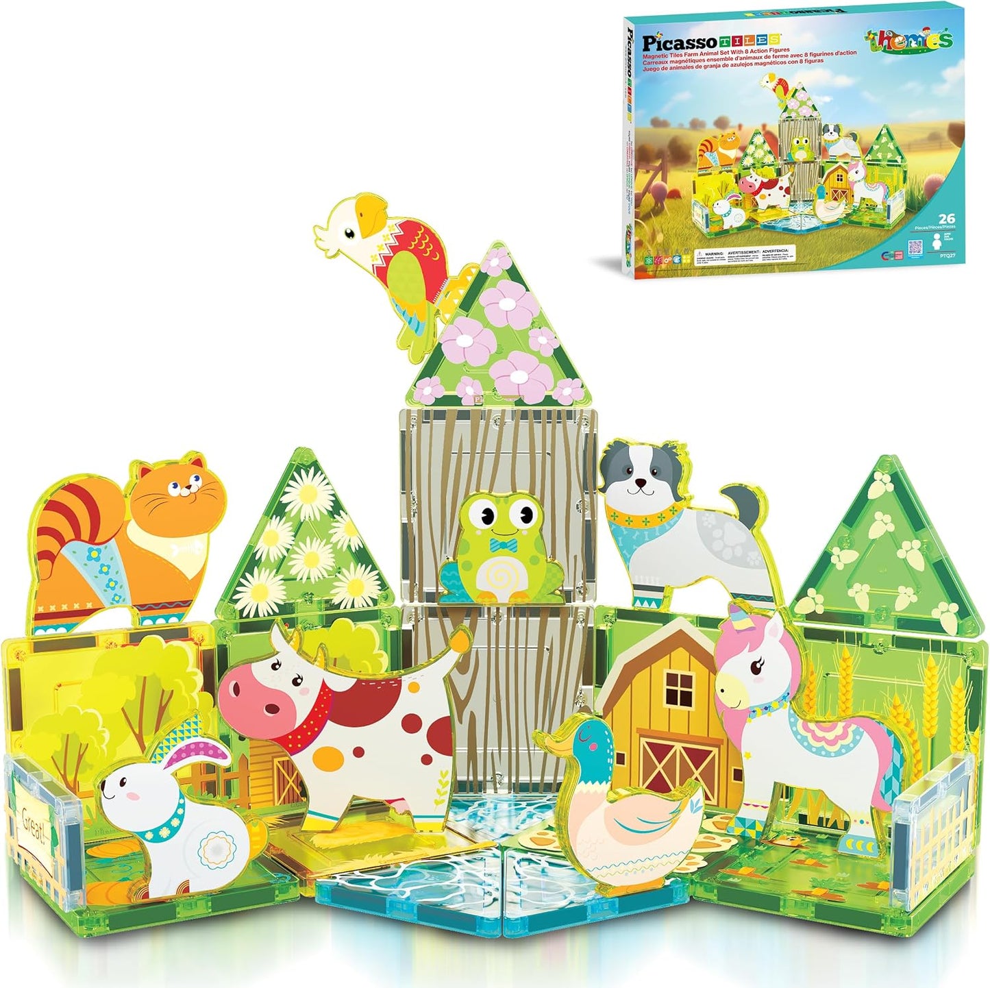 PicassoTiles Juego de 26 azulejos magnéticos, juego de granja de ot...