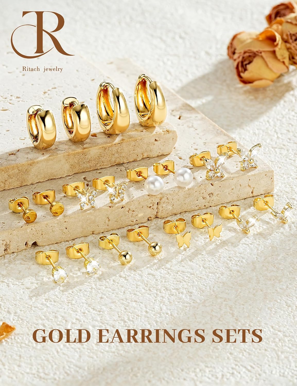 Juego de aretes pequeños de oro para mujer, chapados en oro de 14 q...