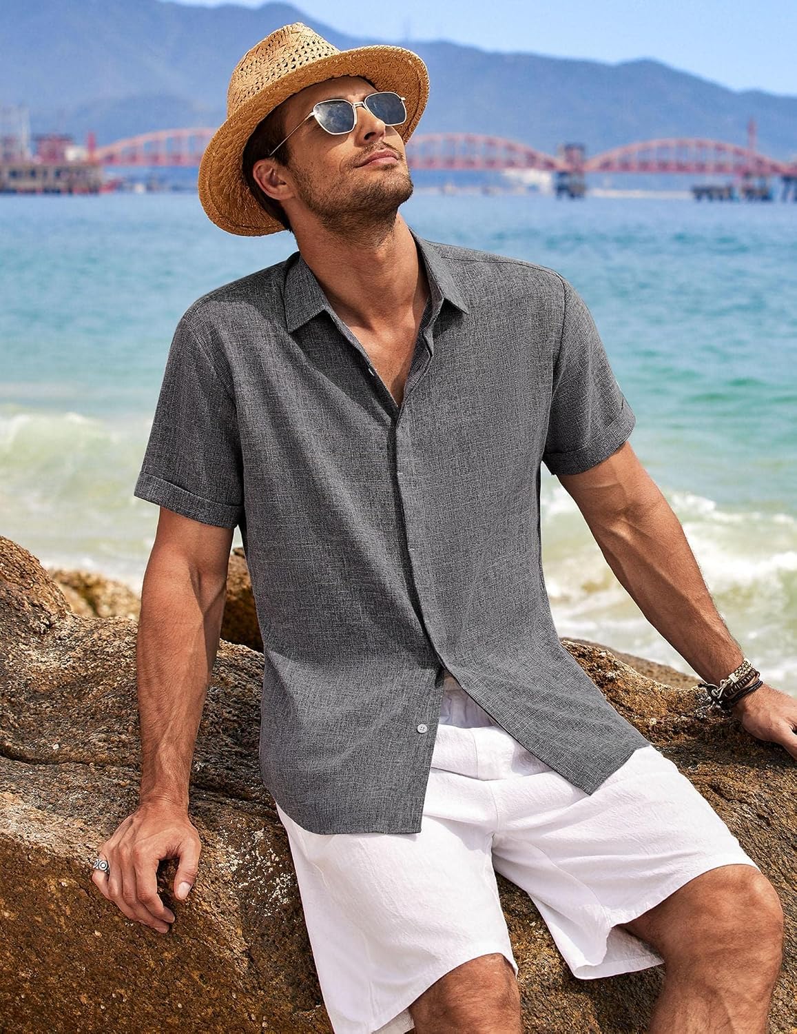 COOFANDY Camisas de lino para hombre de manga corta, camisas casual...