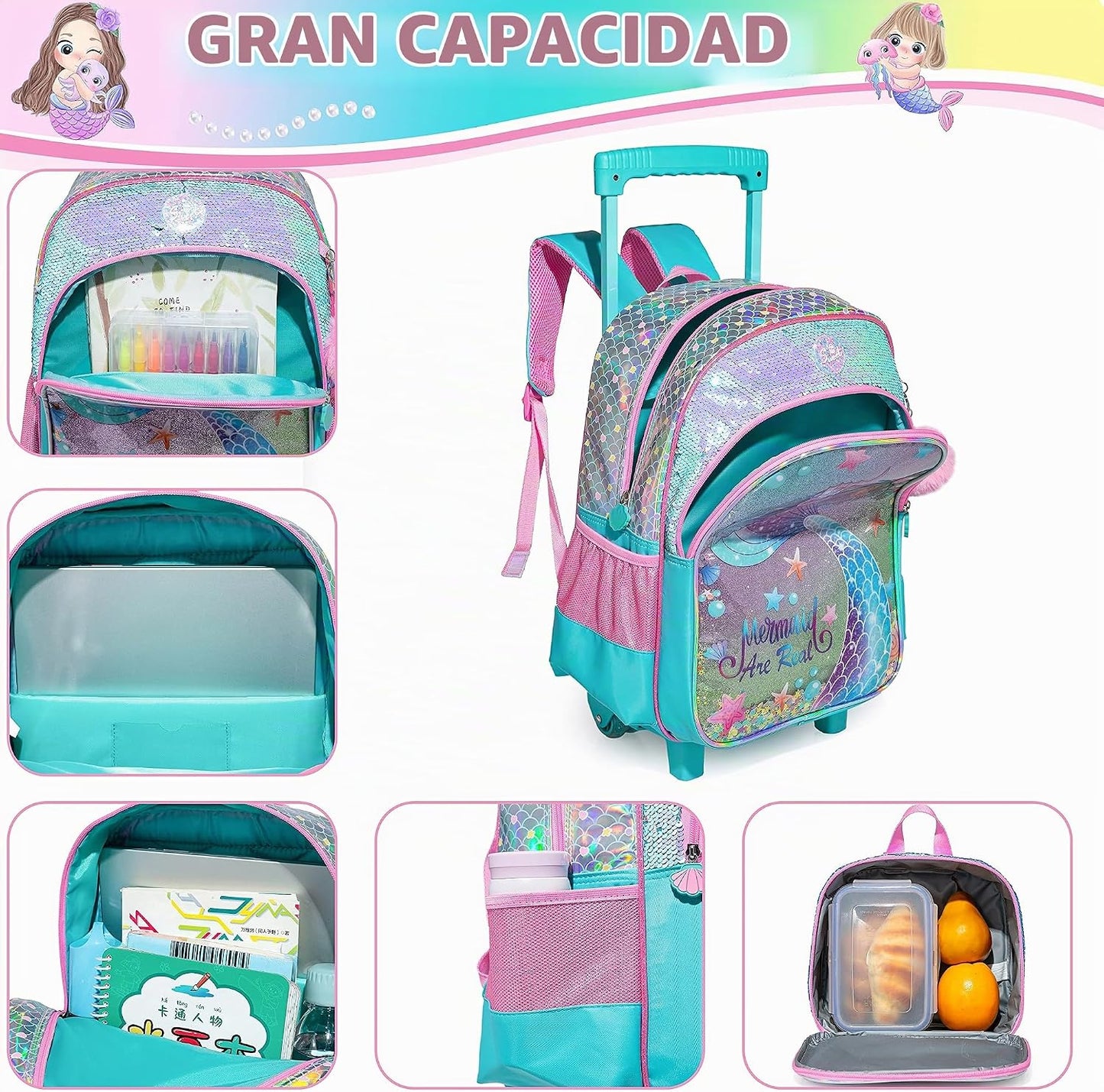 Meetbelify Mochila con ruedas de sirena para niñas y niños, mochila...
