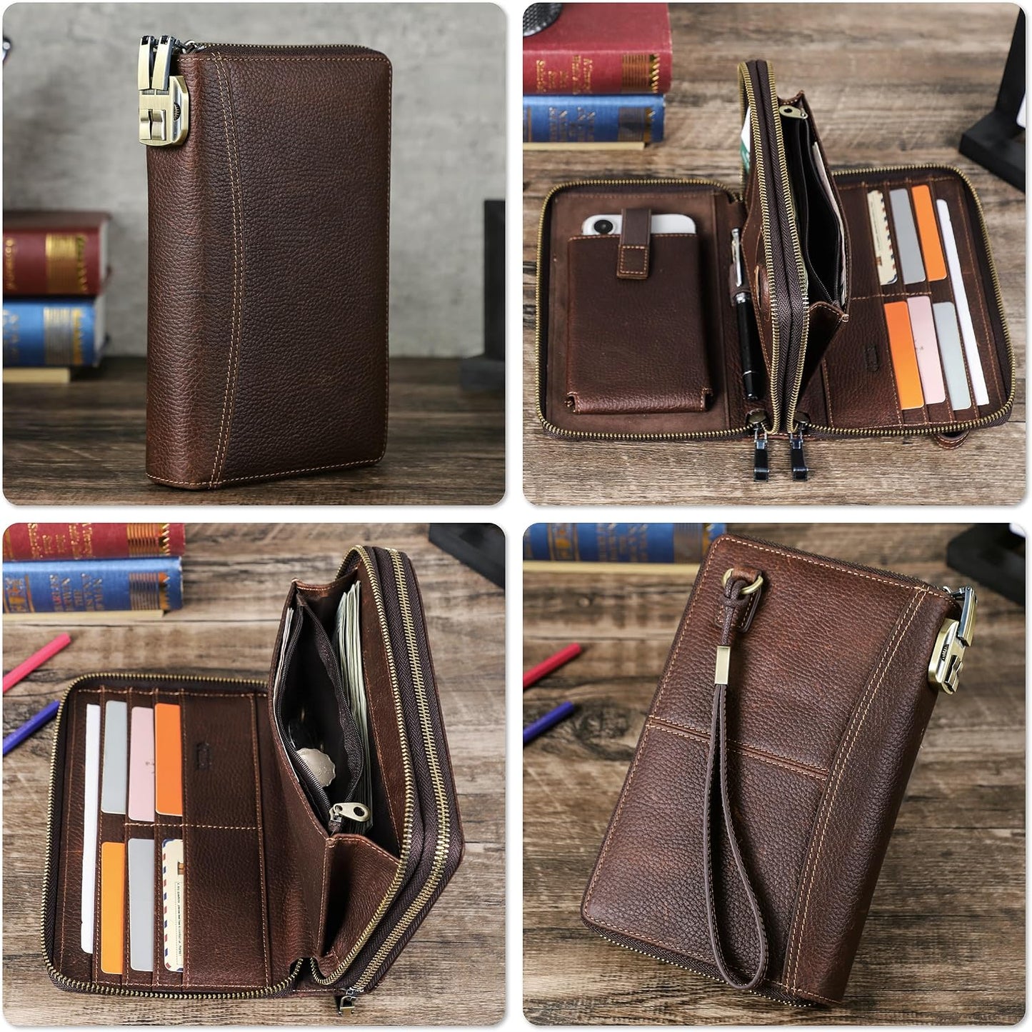 Cartera de cuero genuino de grano superior con cremallera para homb...