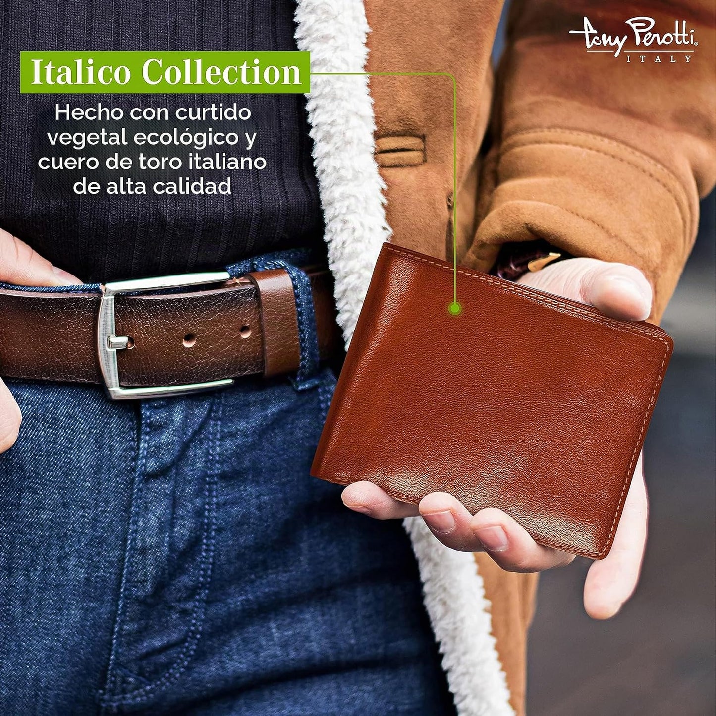 Tony Perotti Cartera de cuero italiano para hombre, delgada, plegab...