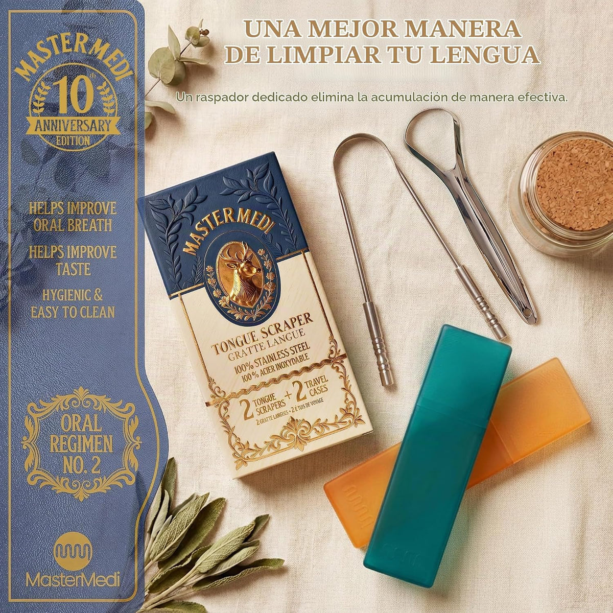 MasterMedi - Raspador de lengua para adultos de 100% acero inoxidab...