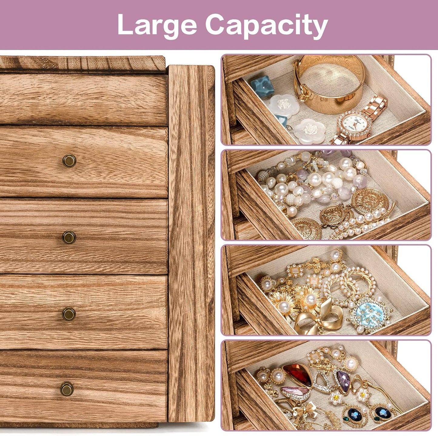 Meangood - Joyero de madera para mujeres, caja organizadora grande...