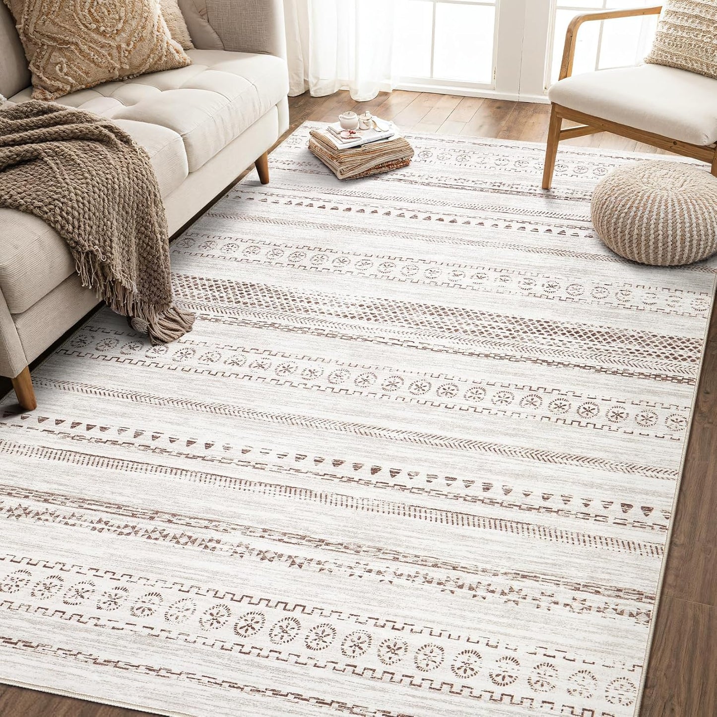 Alfombra de Área para Sala de Estar - 5X8 Lavable Boho Granja Bohem...