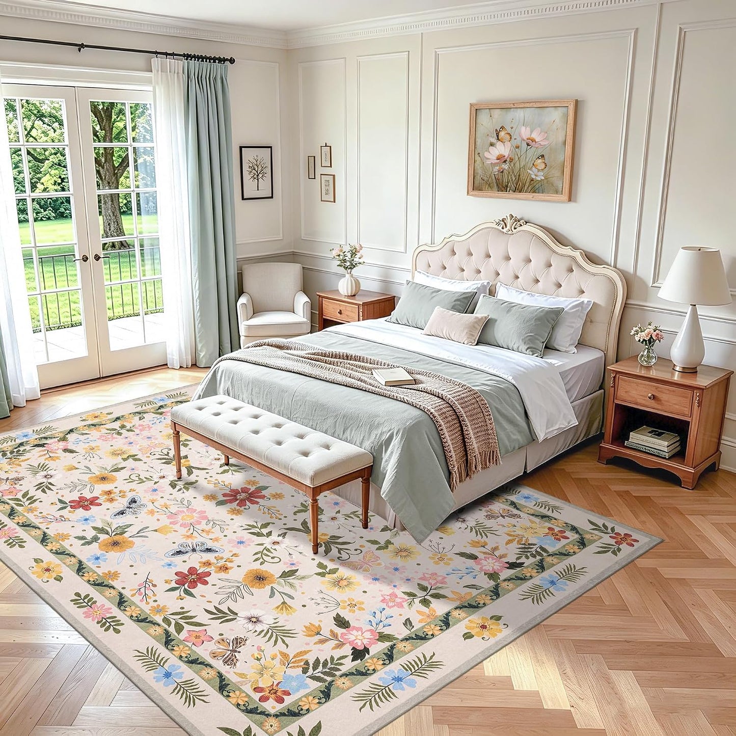 Alfombra floral beige de 8 x 10 pulgadas: alfombras bohemias lavabl...