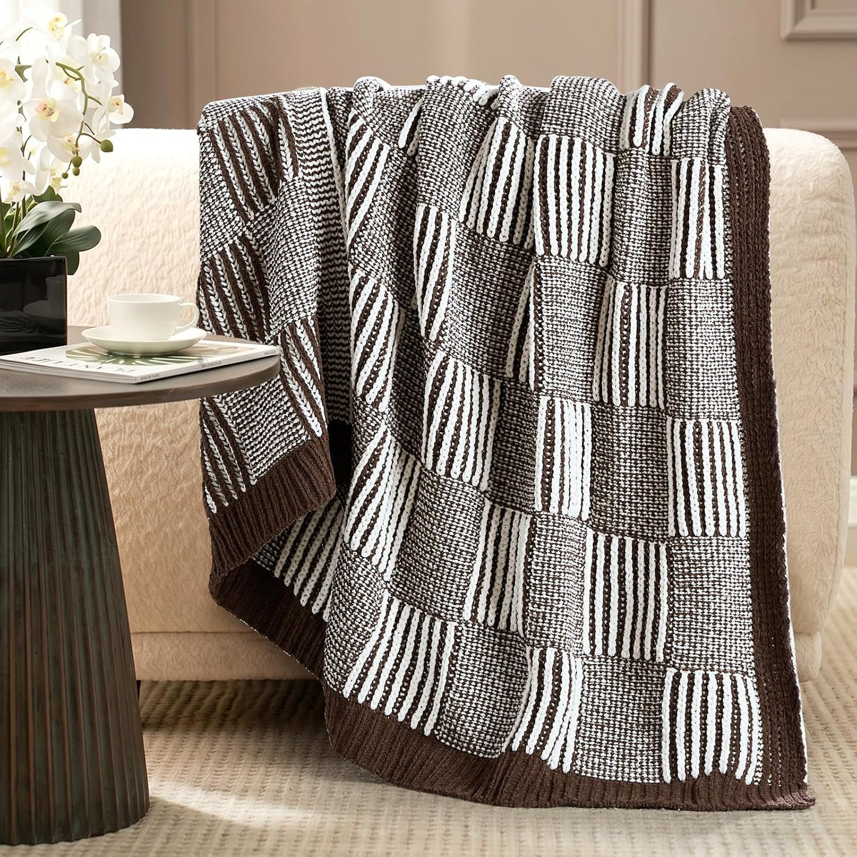 Amélie Home Manta de punto a cuadros para cama, marrón moca, 60 x 8...
