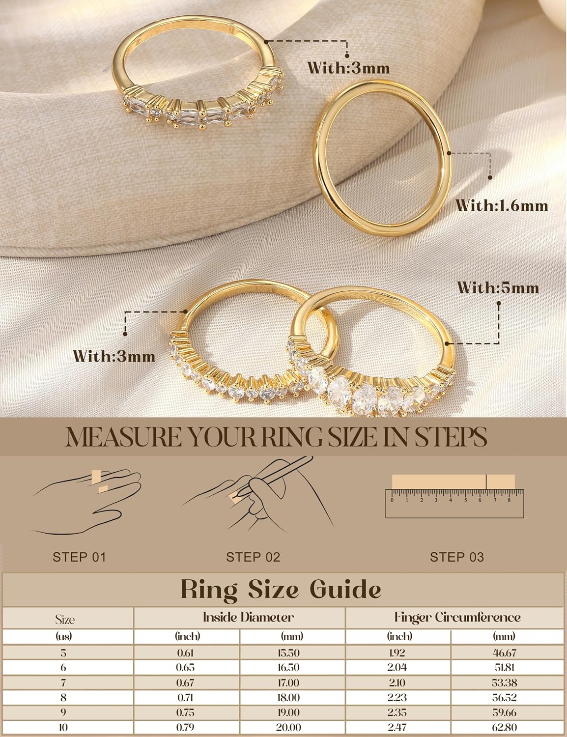 LOLIAS Anillos apilables chapados en oro de 14 quilates para mujer...