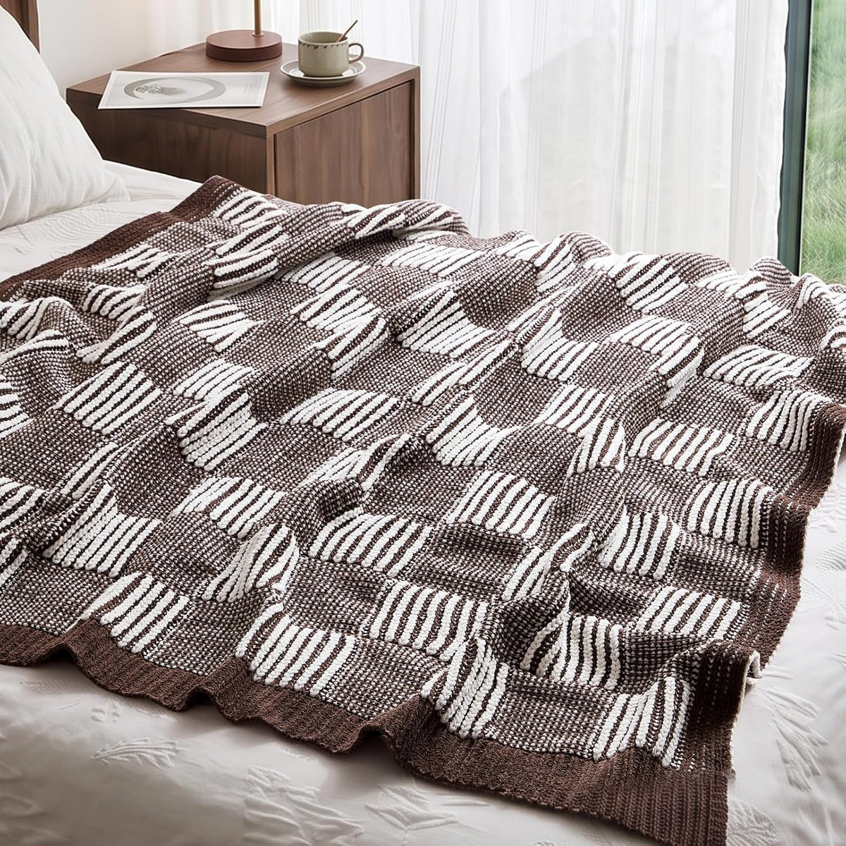 Amélie Home Manta de punto a cuadros para cama, marrón moca, 60 x 8...
